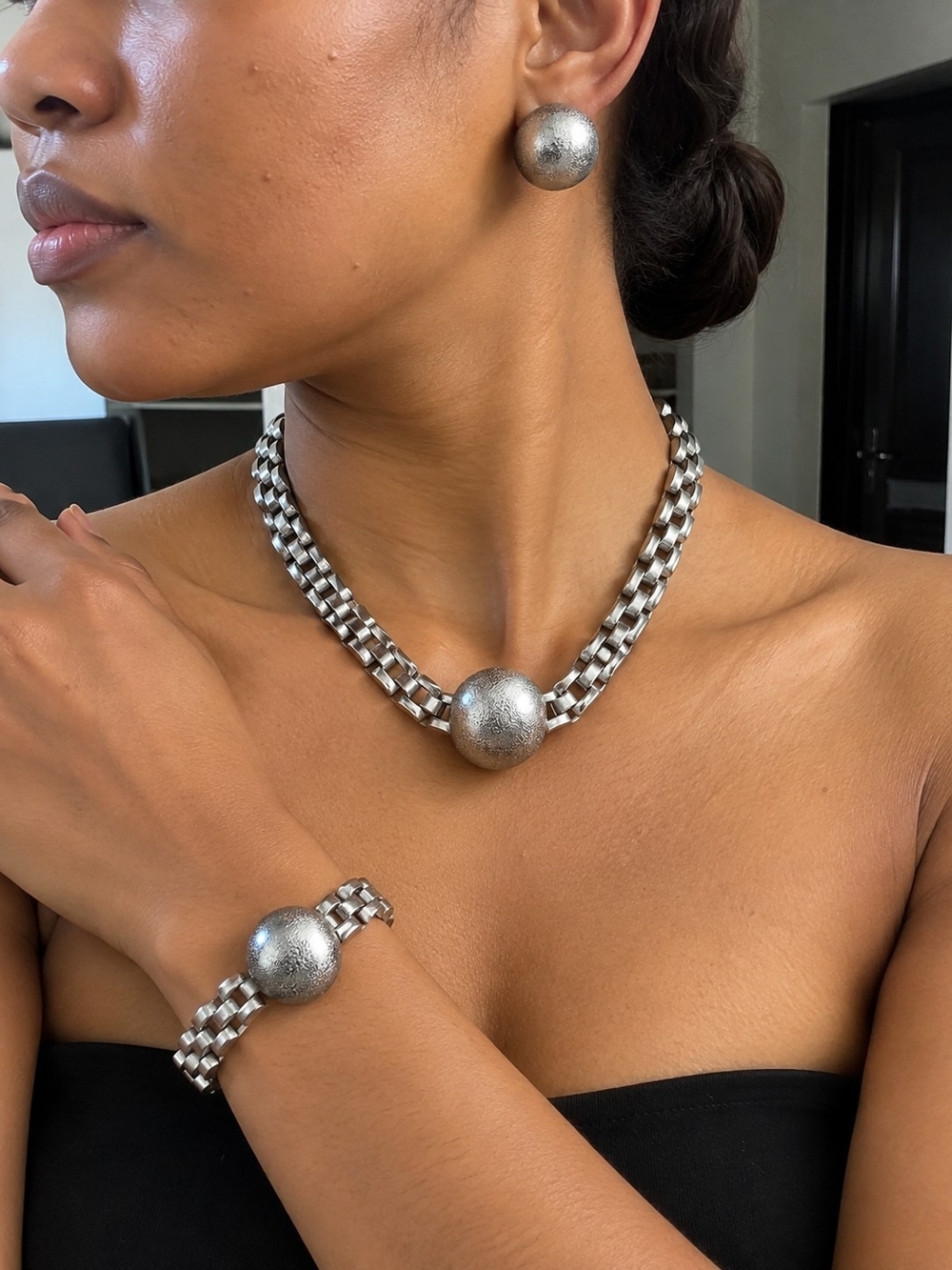 Silver Ball Link Necklace, Earrings & Bracelet Set - Women Jewelry